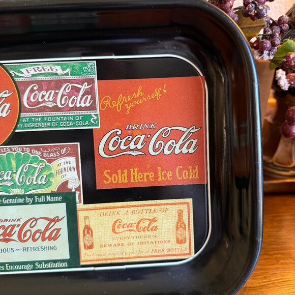 1995 Black Metal Coca Cola Tray Featuring a Collage of Vintage Advertisements - Picture 6 of 13